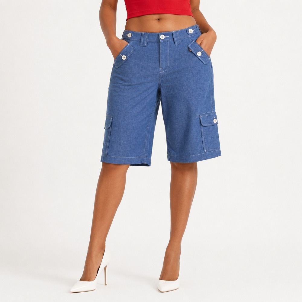 Y2k Cargo Capri Pants Women 10 Blue Chambray White Topstitching Nautical Utility